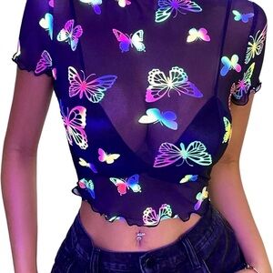 Sheer Black Butterfly Print Reflective Crop Top